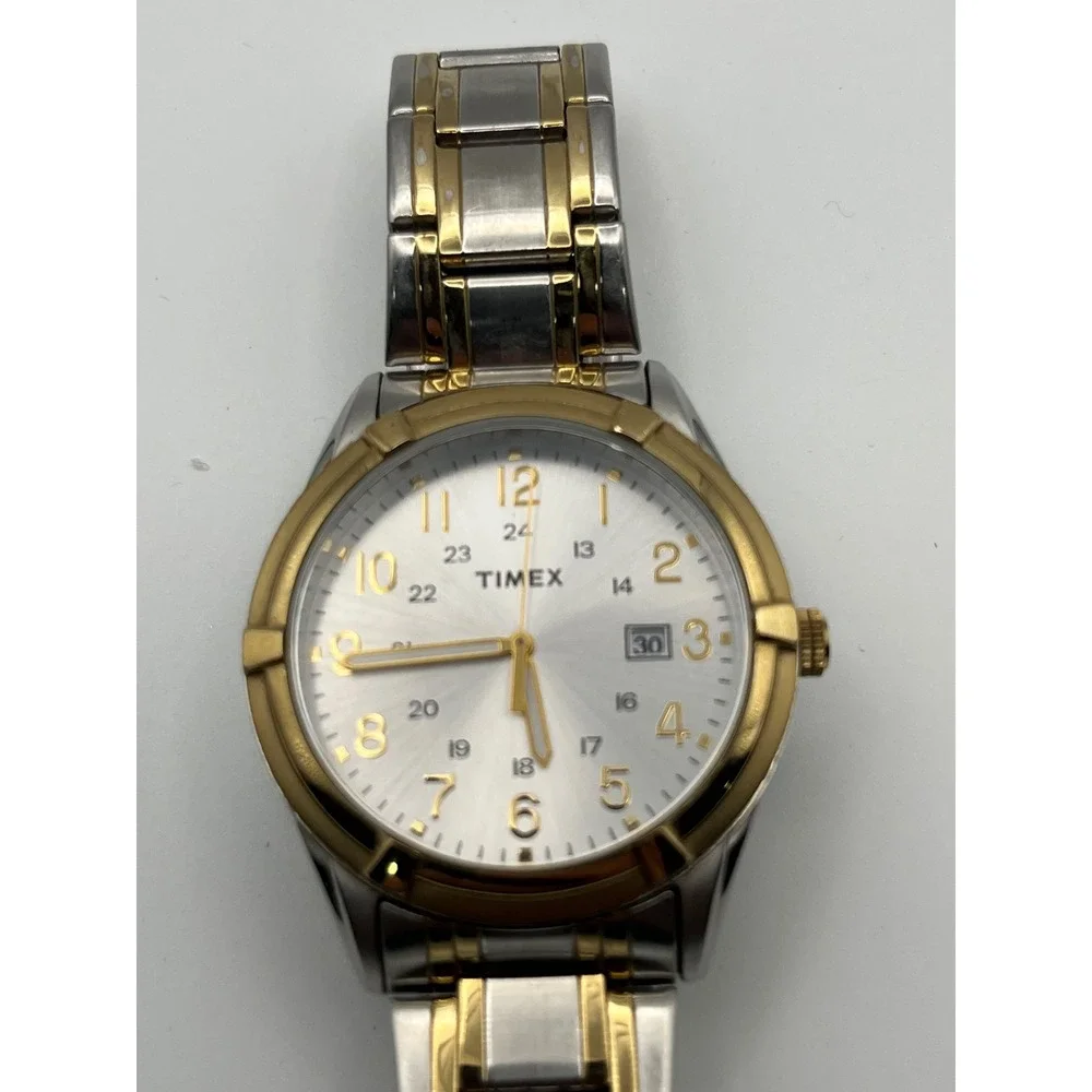 Timex Mens Two Tone Stainless Steel Watch Silver Dial Date 22 N WR30M Quartz